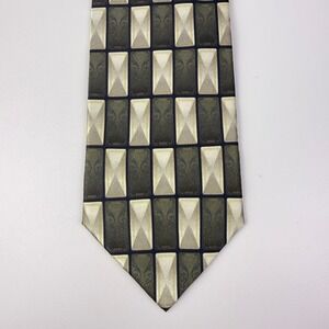 Bergamo New York Mens Handmade Pure Silk Necktie Olive Green Gold Geometric‎